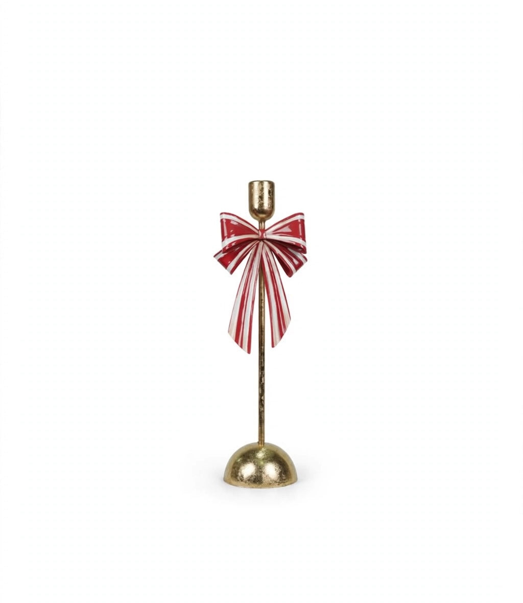 CANDELABRO CON FIOCCO BIANCO E ROSSO-H27 x 11cm-IN METALLO