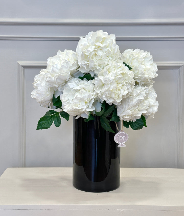 CILINDRO-IN VETRO-NERO-COMPOSTO DA 16 PEONIE BIANCHE-H65cm X 45cm