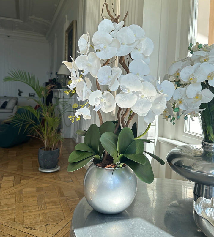 ORCHIDEA-CON VASO ARGENTO-ARTIFICIALE-REAL TOUCH-H65cm