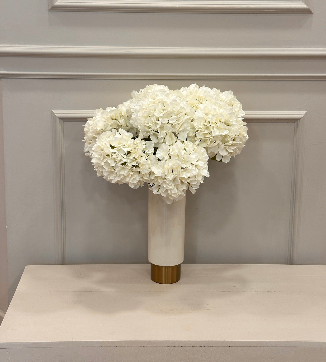 VASO-IN LATTA-PORTA FIORI-COMPOSTO COME IN FOTO CON ORTENSIE BIANCHE-H50cm