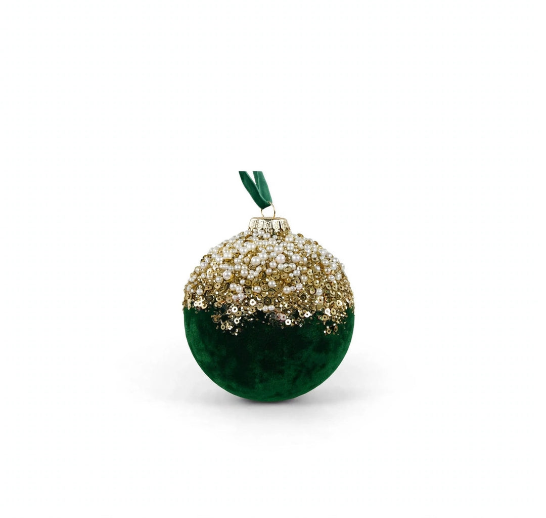 SFERA-DIA10cm-IN VETRO-VELLUTO VERDE E APPLICAZIONI-IN GLITTER