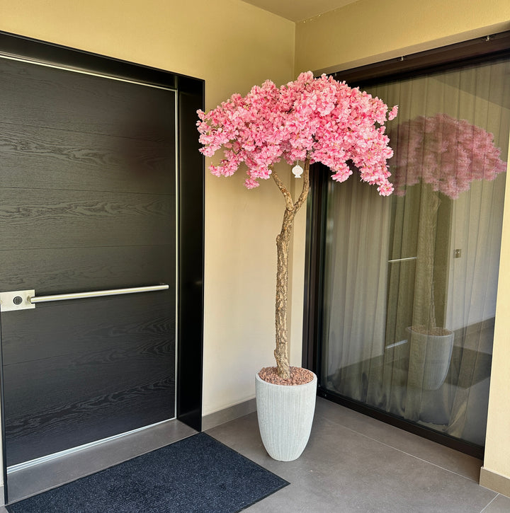 ALBERO-REALIZZATO CON FIORI DI PESCO ARTIFICIALI-COLOR ROSA-E VASO GRIGIO- H230