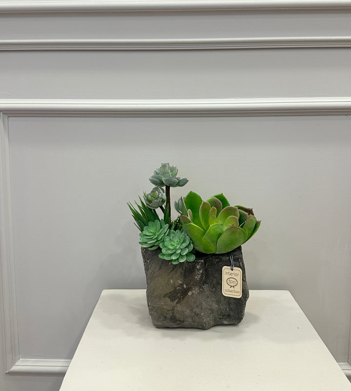 PIANTA-SUCCULENTA-ARTIFICIALE-COMPOSTA IN VASO DI PIETRA-dimensioni-24cm x H28