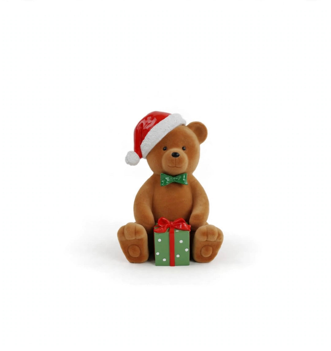 ORSO-IN VELLUTO CON PACCO REGALO IN RESINA-H23cm
