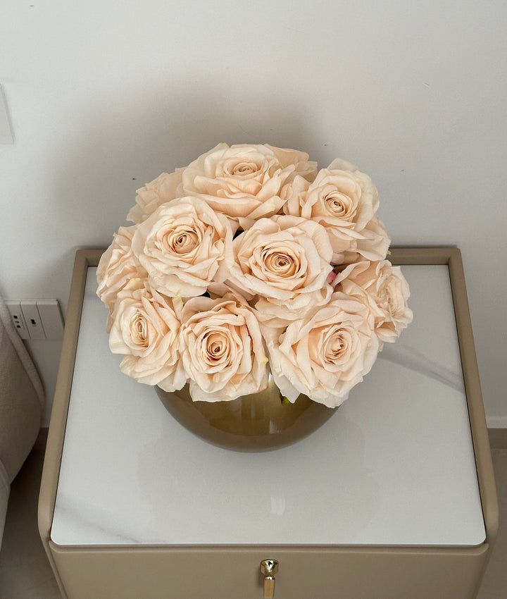 SFERA-CRISTALLO-GOLD-COMPOSTA-DA-12 ROSE CREAM-DIMENSIONE-D25cm x H25cm