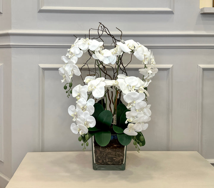 ORCHIDEA-ARTIFICIALE-REAL TOUCH-CON VASO-IN VETRO QUADRATO-MODELLO A 4 orchidee. H70cm