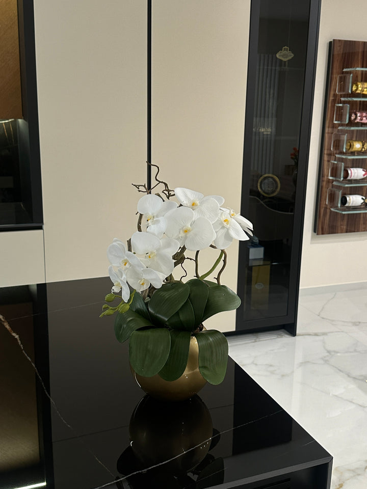 ORCHIDEA-ARTIFICIALE-REAL TOUCH-CON VASO ORO-A- 1 RAMO- H48cm