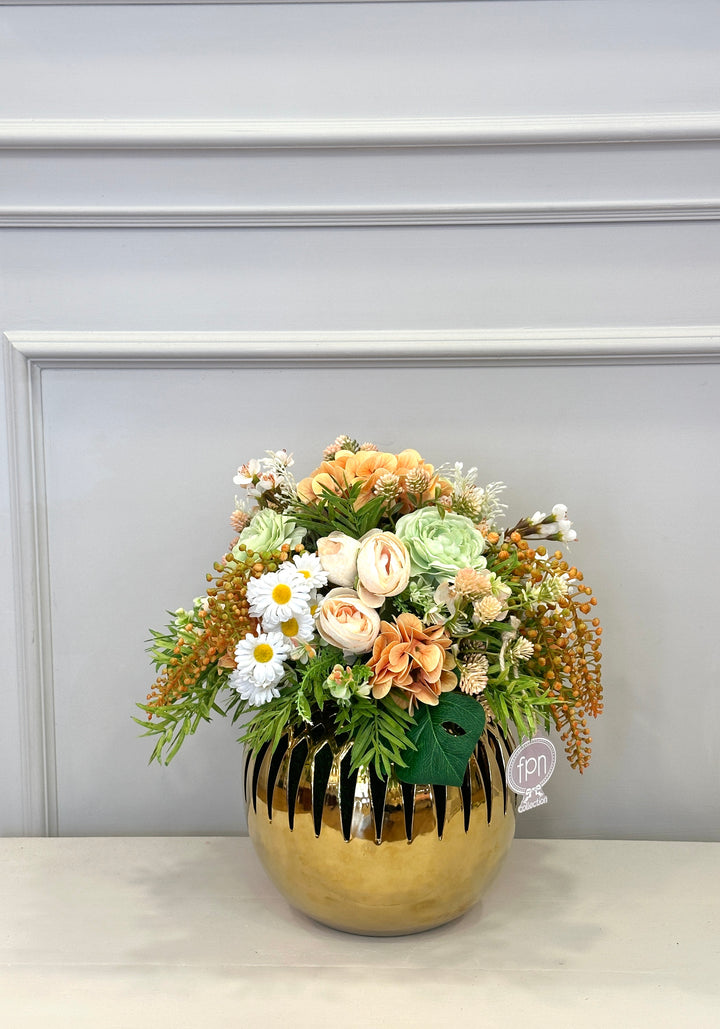 COMPOSIZIONE-IN VASO ORO TRAFORATO-FIORI STILE PRIMAVERA-H 40cm x 30cm