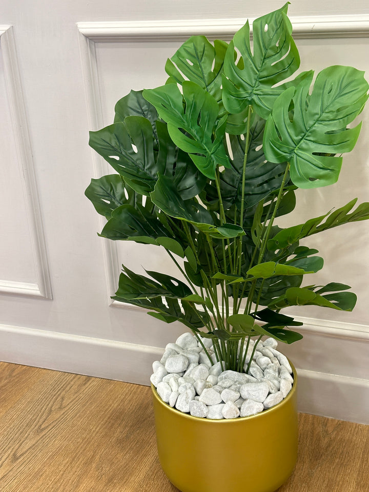 PIANTE-ARTIFICIALE-MONSTERA-CON VASO ORO- CON FOGLIE REAL TOUCH-H85cm