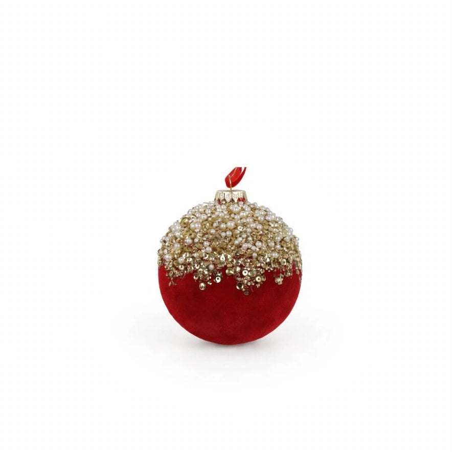 SFERA-DIA10cm-IN VETRO-VELLUTO ROSSO E APPLICAZIONI-IN GLITTER