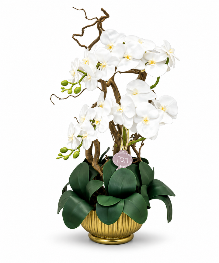 ORCHIDEA-ARTIFICIALE-REAL TOUCH-CON VASO IN METALLO ORO- H 65cm
