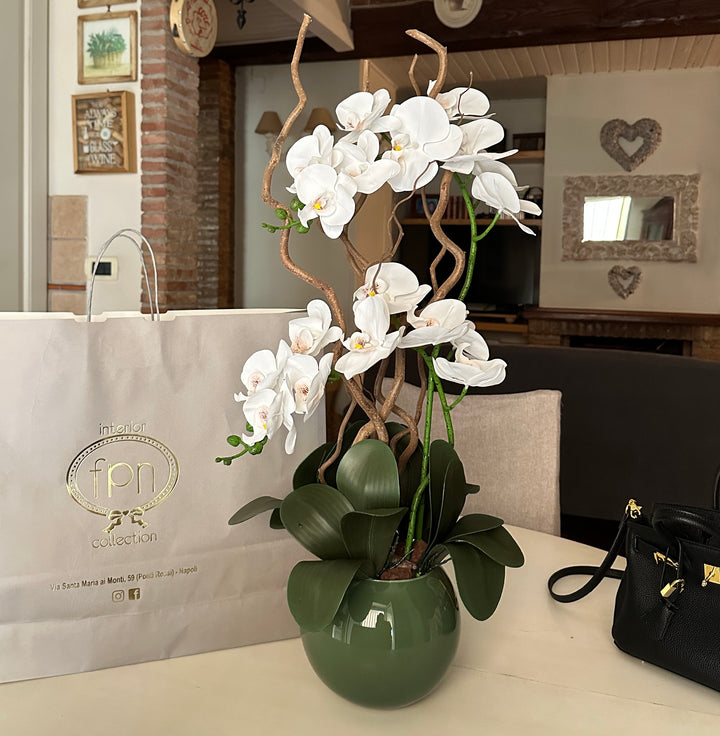 ORCHIDEA-CON VASO VERDE OLIVA- ARTIFICIALE- REAL TOUCH-H65cm