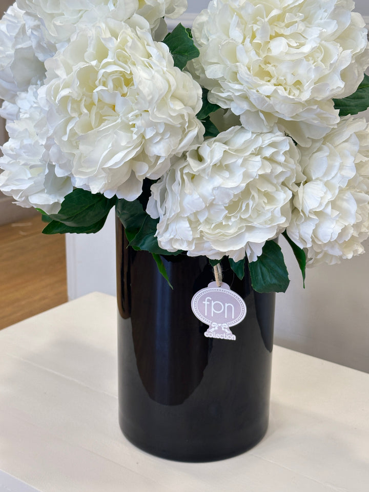 CILINDRO-IN VETRO-NERO-COMPOSTO DA 16 PEONIE BIANCHE-H65cm X 45cm