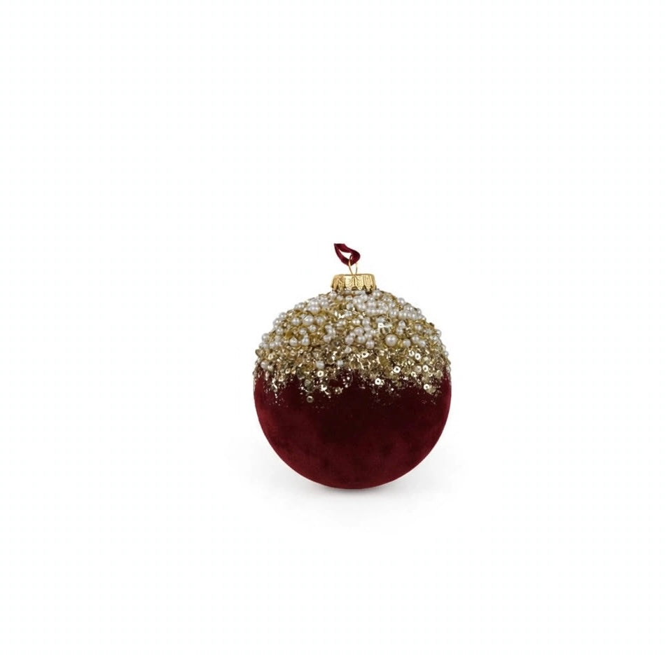 SFERA-DIA10cm-IN VETRO-VELLUTO BOURDEAUX E APPLICAZIONI-IN GLITTER