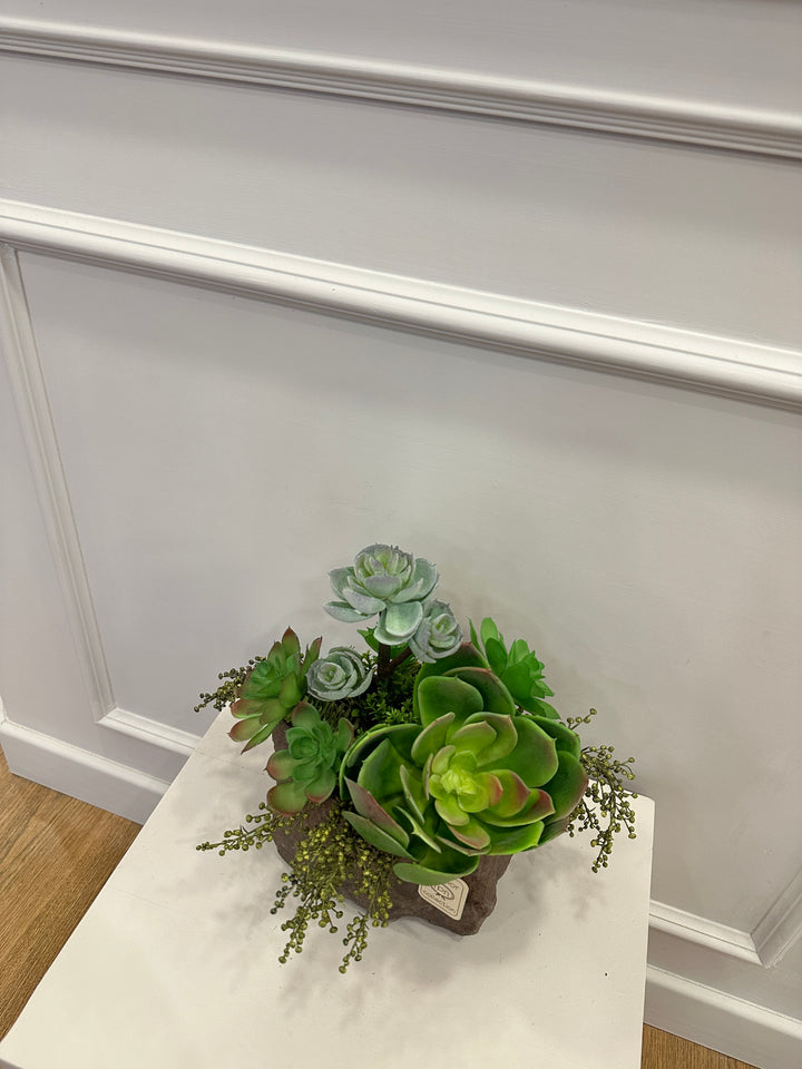 PIANTA-SUCCULENTA-ARTIFICIALE-COMPOSTA IN VASO DI PIETRA-dimensioni-24cm x H28