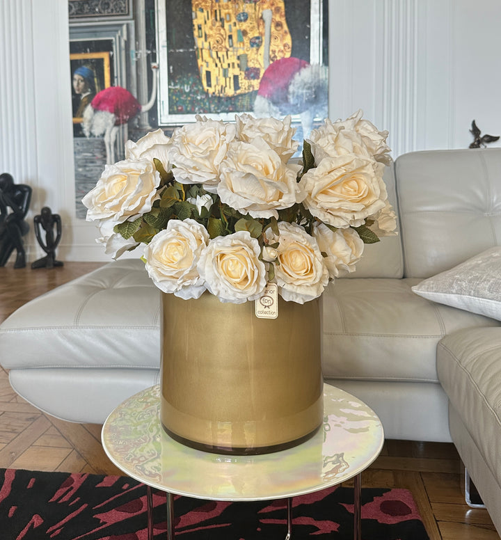 VASO-CRISTALLO-GOLD-COMPOSTO-DA-24-ROSE-E 8 BOCCIOLI-DIMENSIONE-H45cm X D45cm.