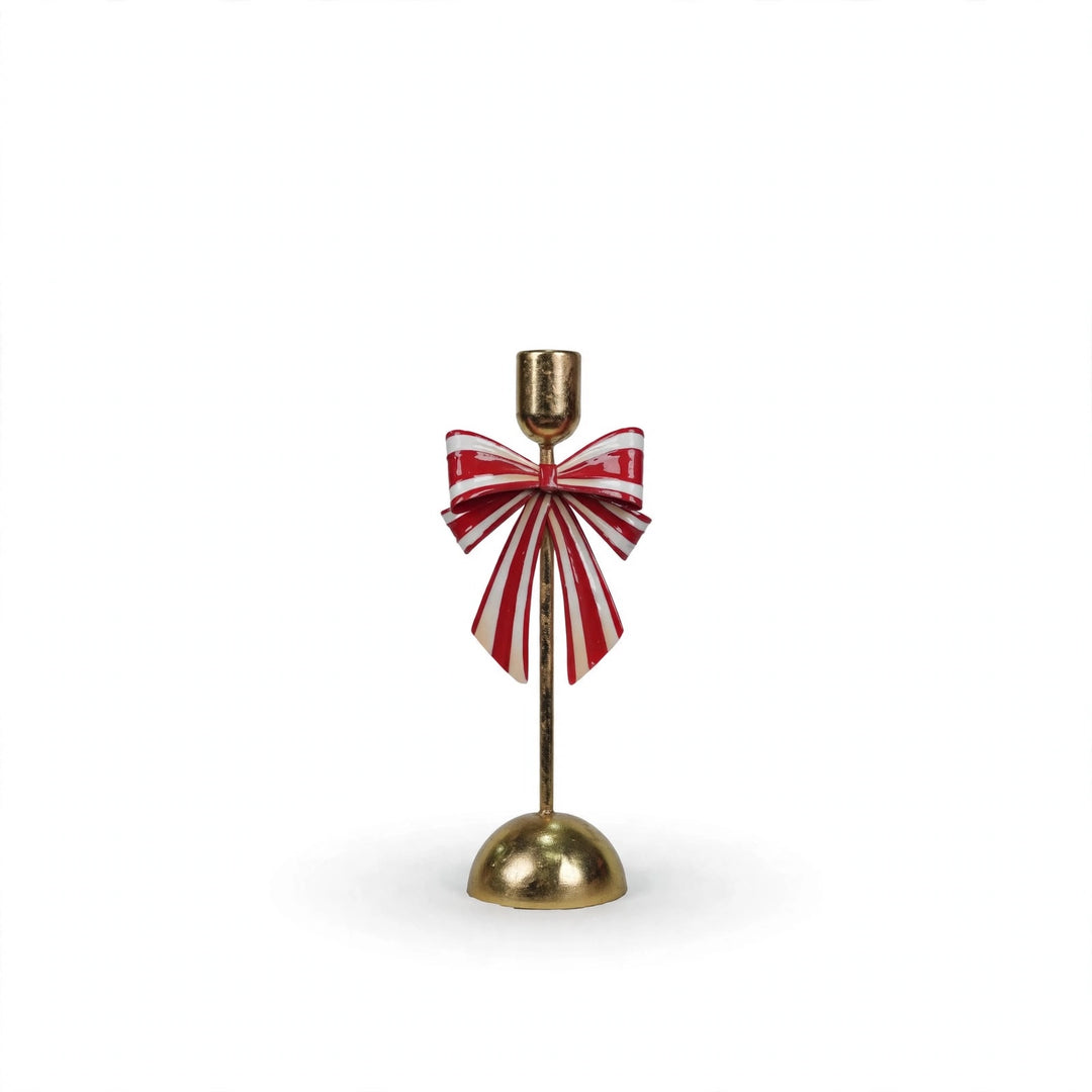 CANDELABRO CON FIOCCO BIANCO E ROSSO-H26cm x 11cm-IN METALLO