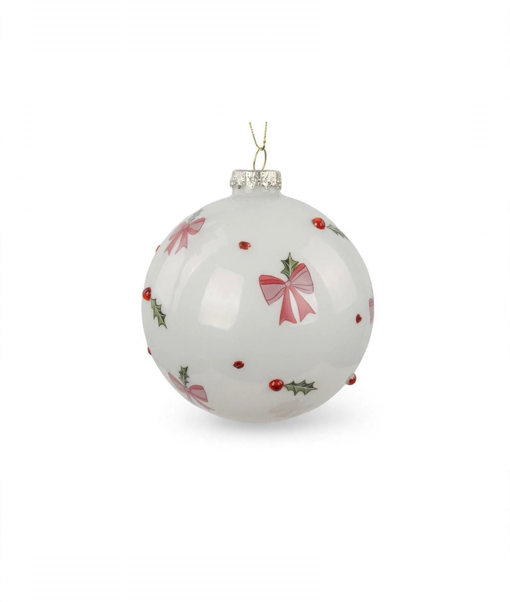 SFERA-DIA10cm-IN VETRO-BIANCA-DECORO-FIOCCHI-E BACCHE