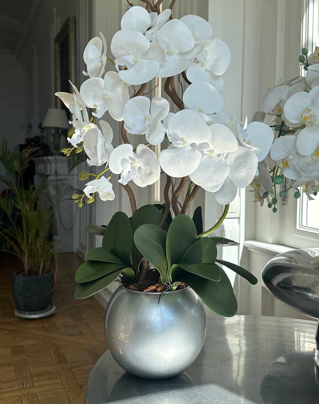 ORCHIDEA-CON VASO ARGENTO-ARTIFICIALE-REAL TOUCH-H65cm