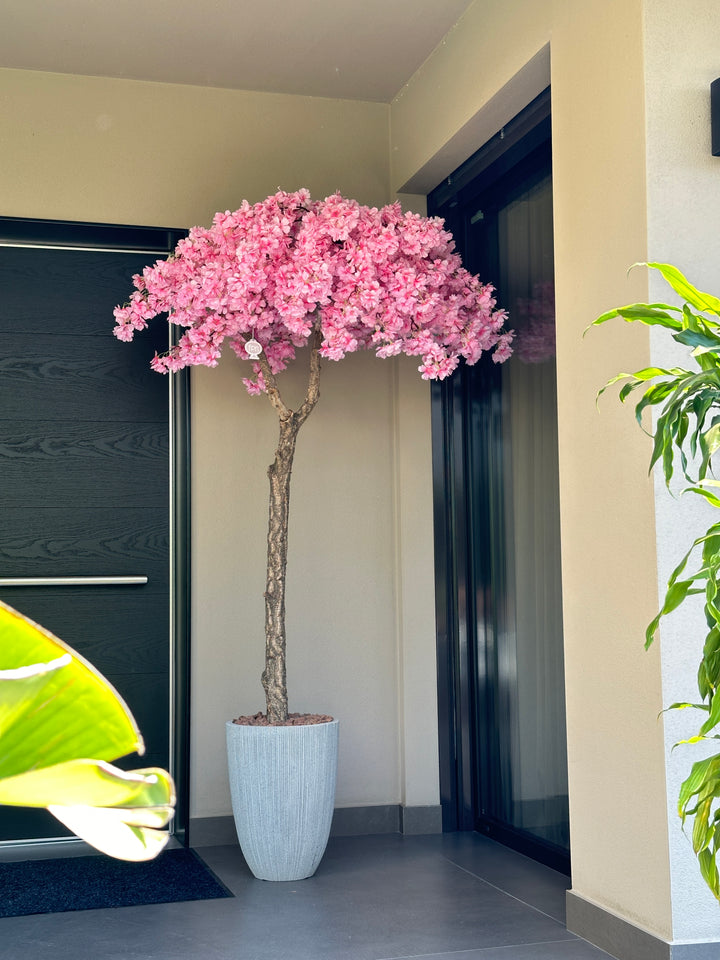 ALBERO-REALIZZATO CON FIORI DI PESCO ARTIFICIALI-COLOR ROSA-E VASO GRIGIO- H230