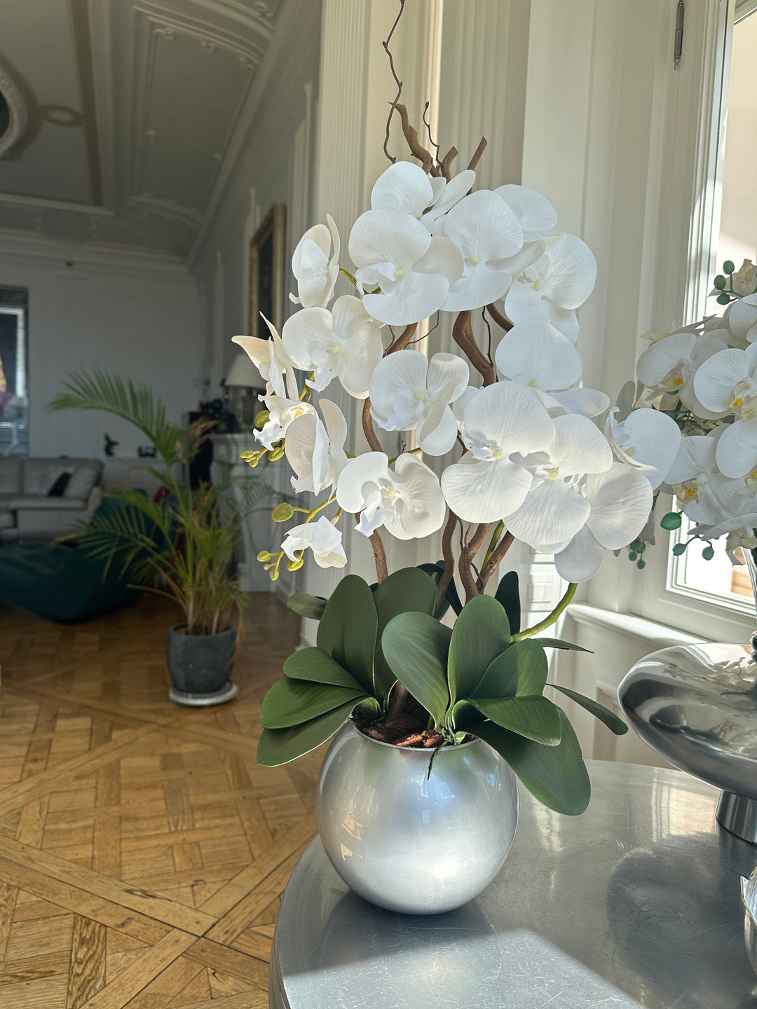 ORCHIDEA-CON VASO ARGENTO-ARTIFICIALE-REAL TOUCH-H65cm
