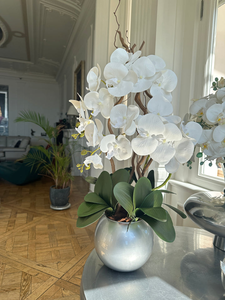 ORCHIDEA-CON VASO ARGENTO-ARTIFICIALE-REAL TOUCH-H65cm