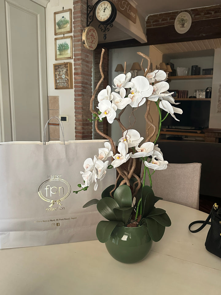 ORCHIDEA-CON VASO VERDE OLIVA- ARTIFICIALE- REAL TOUCH-H65cm