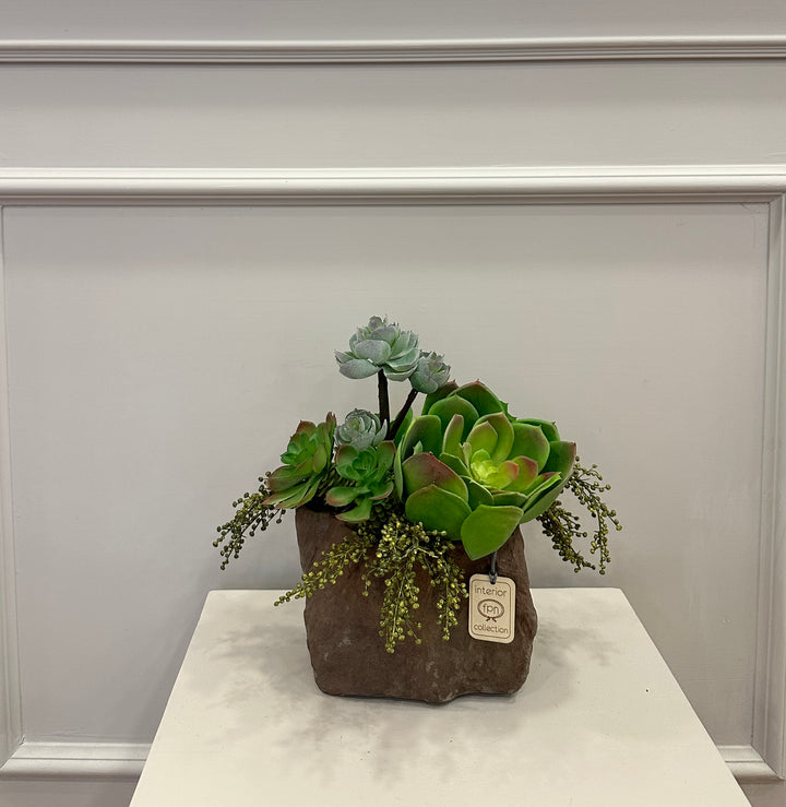PIANTA-SUCCULENTA-ARTIFICIALE-COMPOSTA IN VASO DI PIETRA-dimensioni-24cm x H28