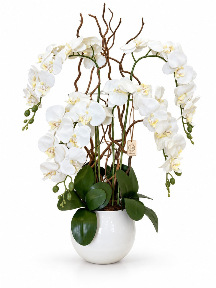 ORCHIDEA-ARTIFICIALE-REAL TOUCH-CON VASO-COLOR-BIANCO-MODELLO A 4 orchidee. H80cm