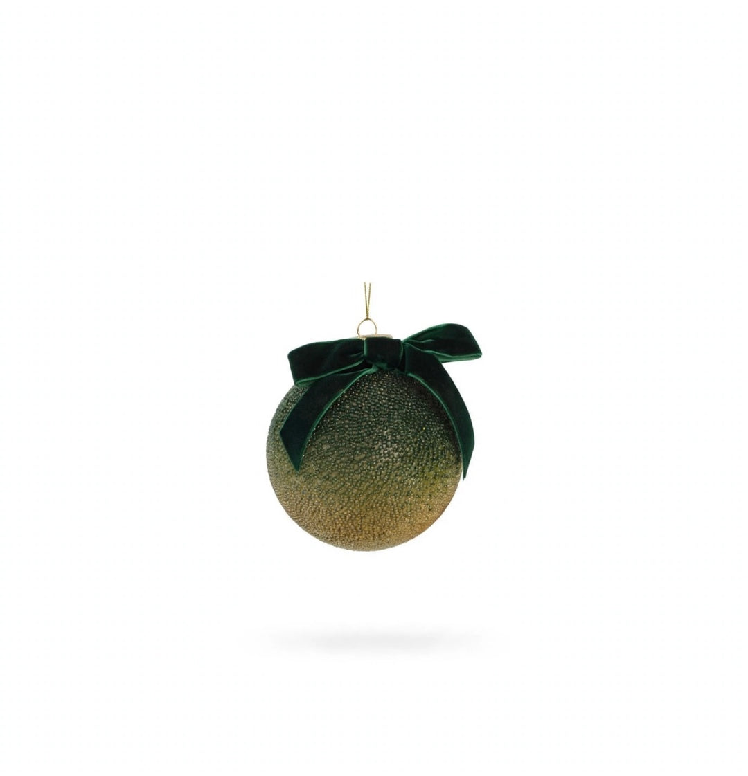 SFERA-DIA10cm-APPLICAZIONI-VERDE-SFUMATO-IN VETRO CON FIOCCO IN VELLUTO