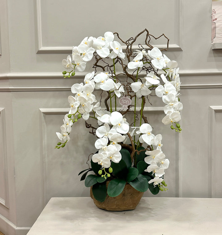 ORCHIDEA-ARTIFICIALE-REAL TOUCH-CON VASO-IN PIETRA -DISPONIBILE IN DUE COLORI-MODELLO A 7 ORCHIDEE-H90cm