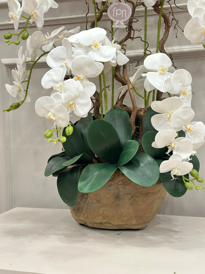 ORCHIDEA-ARTIFICIALE-REAL TOUCH-CON VASO-IN PIETRA -DISPONIBILE IN DUE COLORI-MODELLO A 7 ORCHIDEE-H90cm