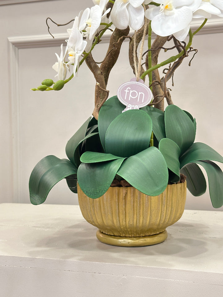 ORCHIDEA-ARTIFICIALE-REAL TOUCH-CON VASO IN METALLO ORO- H 65cm