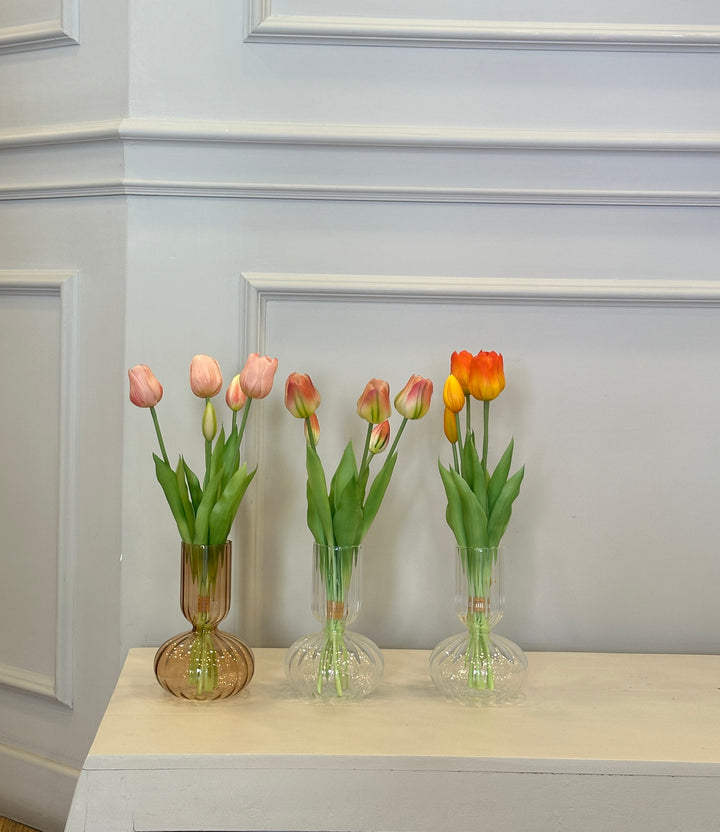 VASO-IN VETRO-SOFFIATO-COMPOSTO DA TULIPANI-DISPONIBILE IN TRE VARIANTI