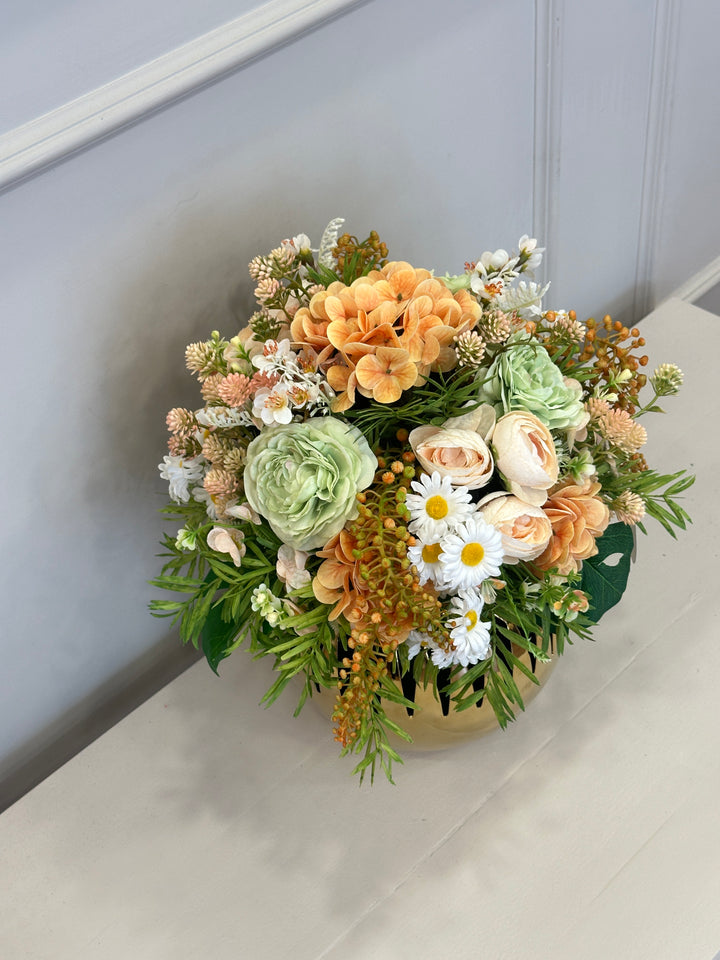 COMPOSIZIONE-IN VASO ORO TRAFORATO-FIORI STILE PRIMAVERA-H 40cm x 30cm