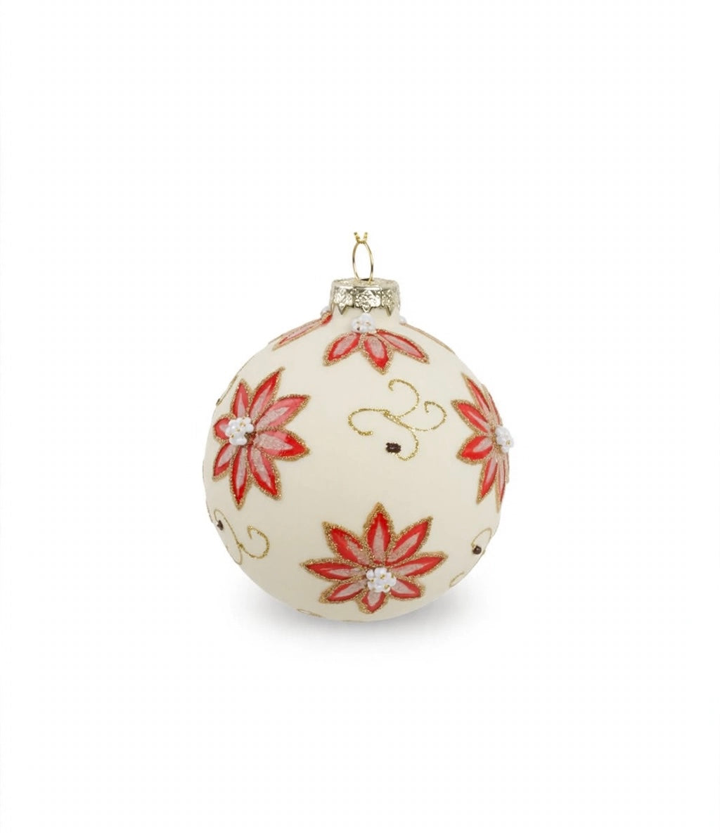 SFERA-DIA10cm-IN VETRO-CREMA-DECORAZIONI CON FIORE ROSSO