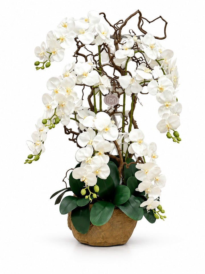 ORCHIDEA-ARTIFICIALE-REAL TOUCH-CON VASO-IN PIETRA -DISPONIBILE IN DUE COLORI-MODELLO A 7 ORCHIDEE-H90cm