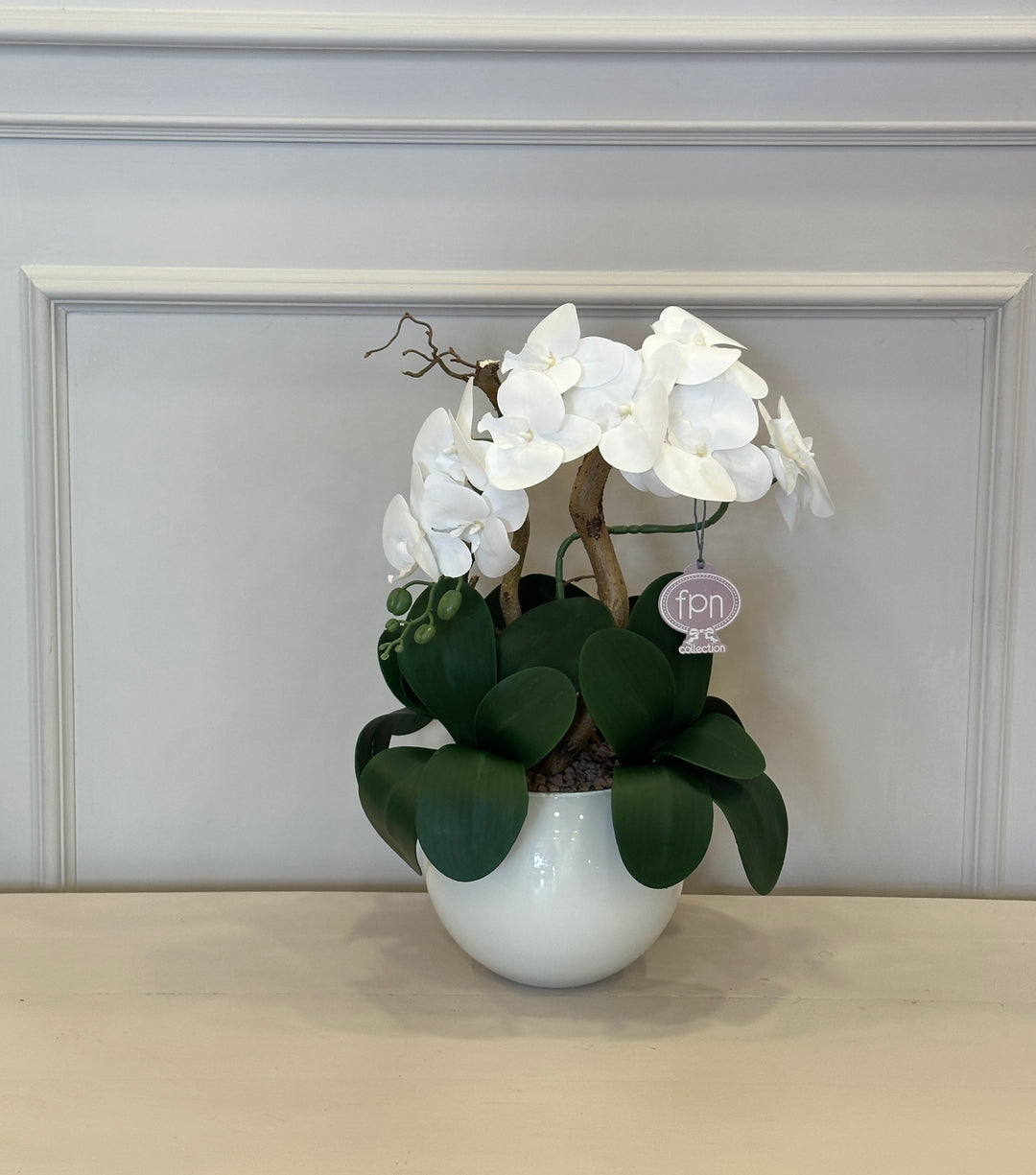 ORCHIDEA-ARTIFICIALE-REAL TOUCH-CON VASO COLOR BIANCO-A- 1 RAMO- H48cm