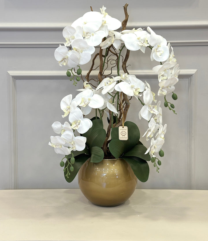 ORCHIDEA-ARTIFICIALE-REAL TOUCH-CON VASO-COLOR-ORO-MODELLO A 4 orchidee. H 80cm
