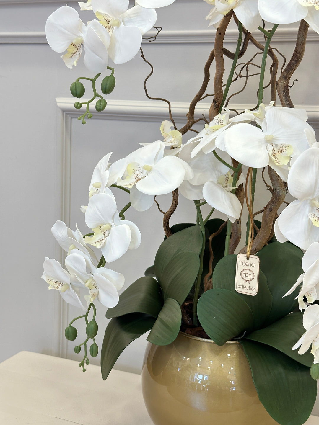 ORCHIDEA-ARTIFICIALE-REAL TOUCH-CON VASO-COLOR-ORO-MODELLO A 4 orchidee. H 80cm