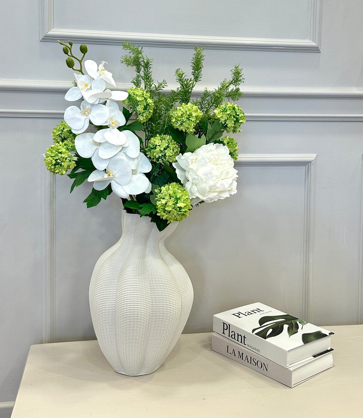 Vaso-effetto 3D-composto come in foto-wiburno-orchidea-peonia