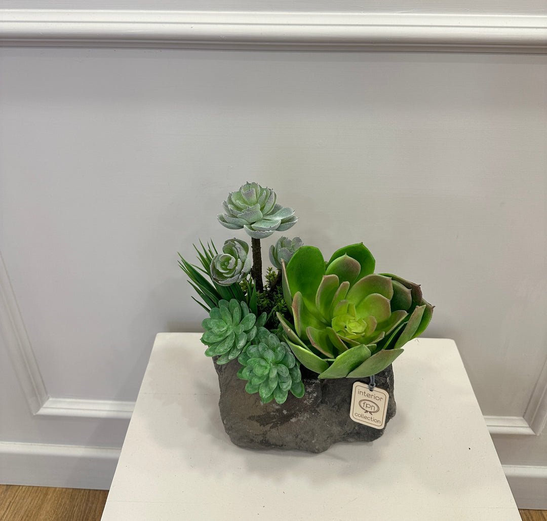 PIANTA-SUCCULENTA-ARTIFICIALE-COMPOSTA IN VASO DI PIETRA-dimensioni-24cm x H28