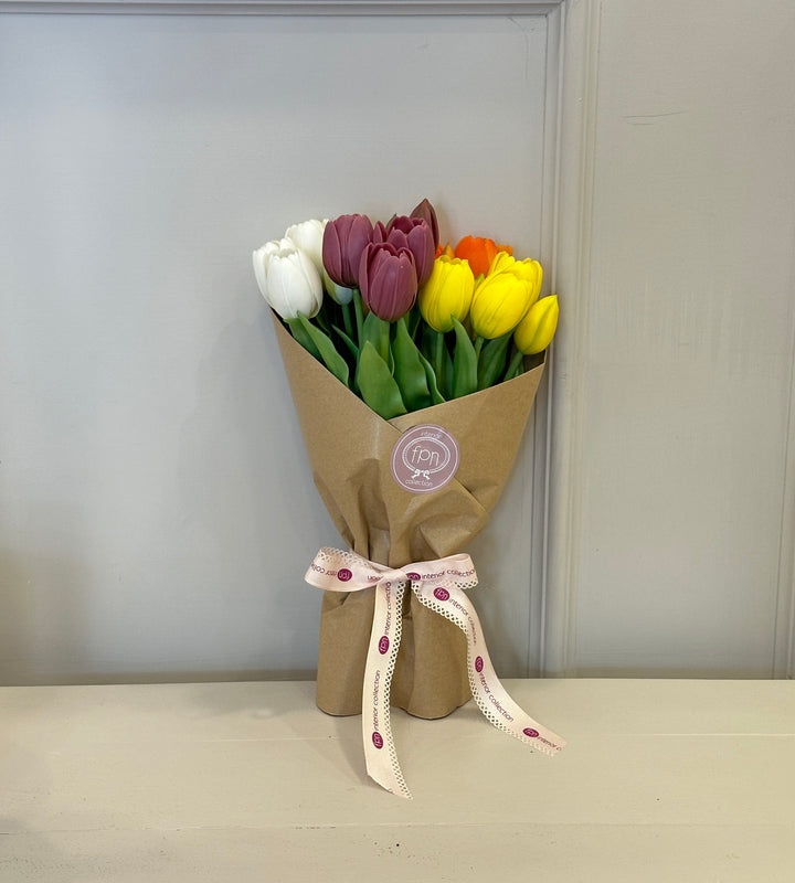 FASCIO-COMPOSTO-DA 4 MAZZETTI DI TULIPANI-REAL TOUCH-ARANCIO-VIOLA-GIALLO-BIANCO-H40cm