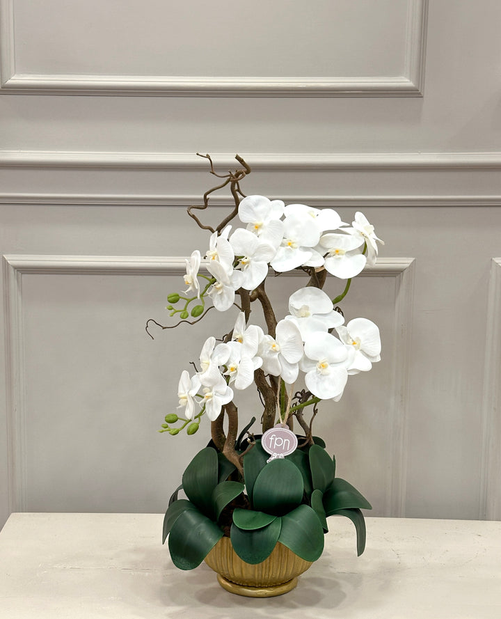 ORCHIDEA-ARTIFICIALE-REAL TOUCH-CON VASO IN METALLO ORO- H 65cm