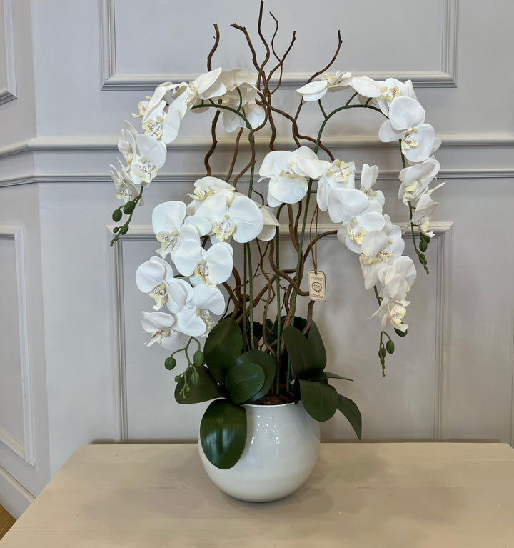 ORCHIDEA-ARTIFICIALE-REAL TOUCH-CON VASO-COLOR-BIANCO-MODELLO A 4 orchidee. H80cm