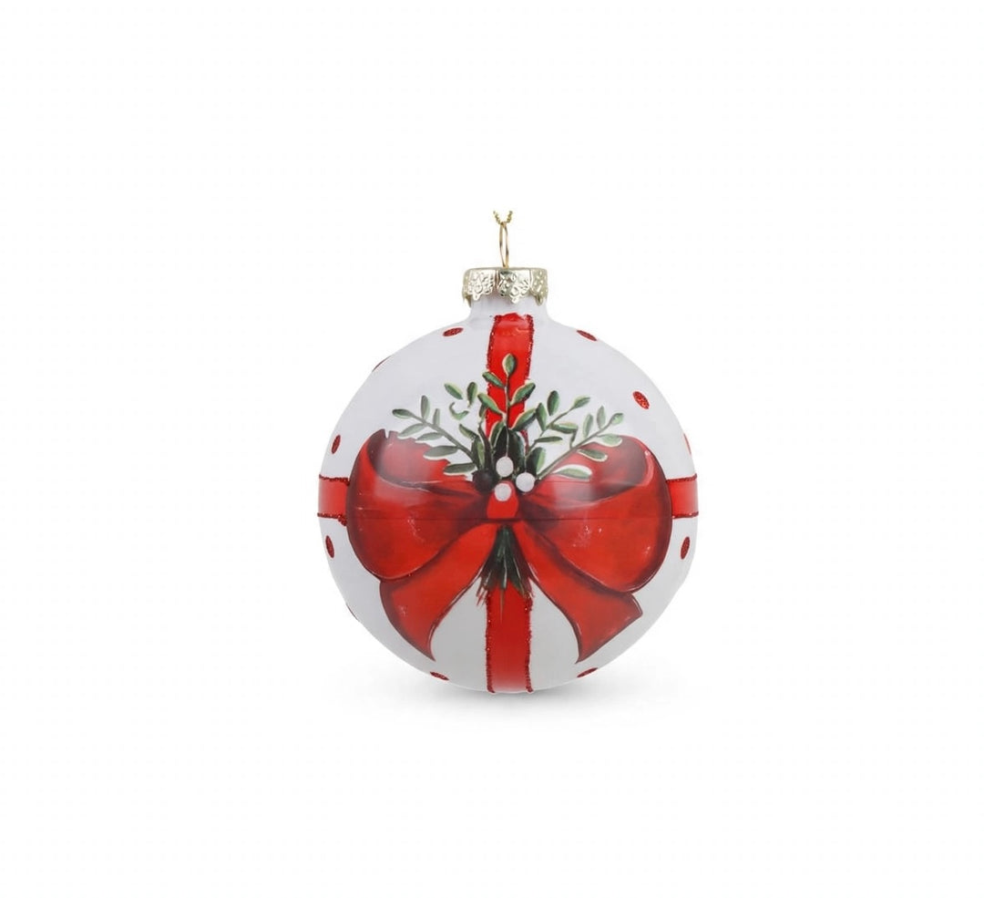 SFERA-DIA10cm-IN VETRO-DECORAZIONI BIANCHE CON FIOCCO E POIS