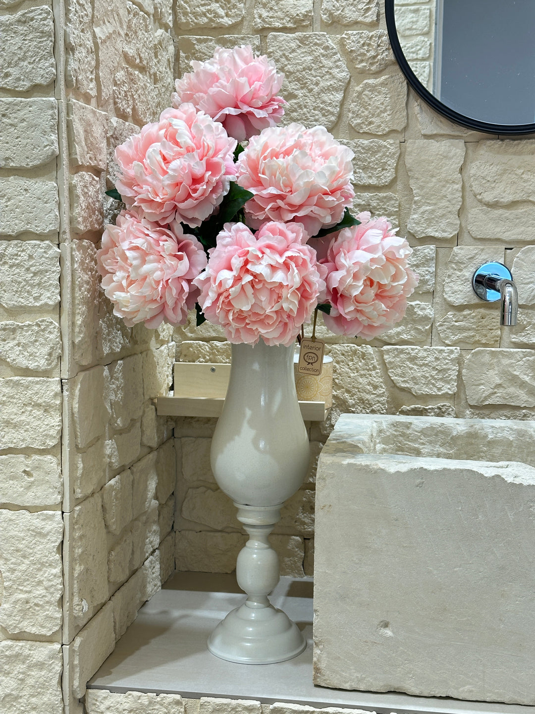 VASO COLOR PIETRA - CON 6 ORTENSIE ROSA- H75cm